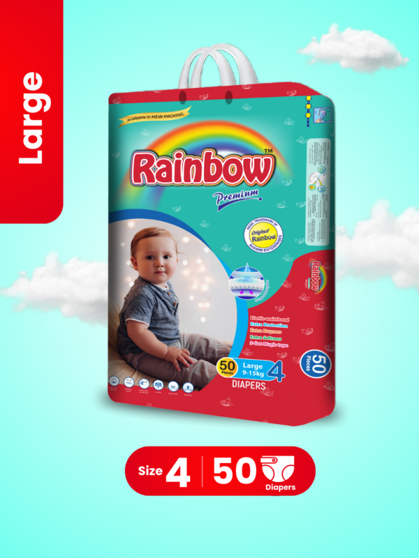 Rainbow Premium Baby Diapers Size 4 Large (9-15) 50pcs